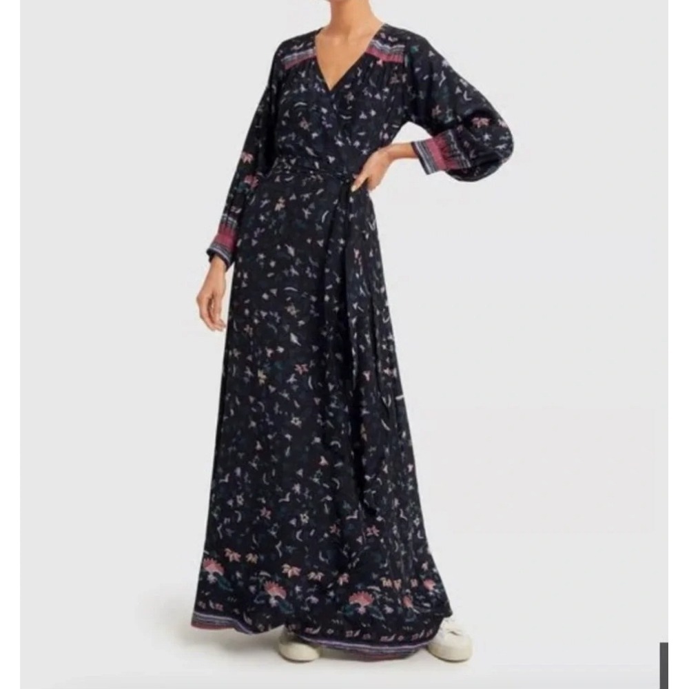 Natalie Martin Silk Wrap Maxi Dress‎ Black Floral Long Sleeve V-Neck Size M NWOT